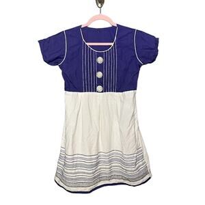 Y2K Big Buttons Dress Baby Doll Embroidered Dress Short Blue and White Sz Large